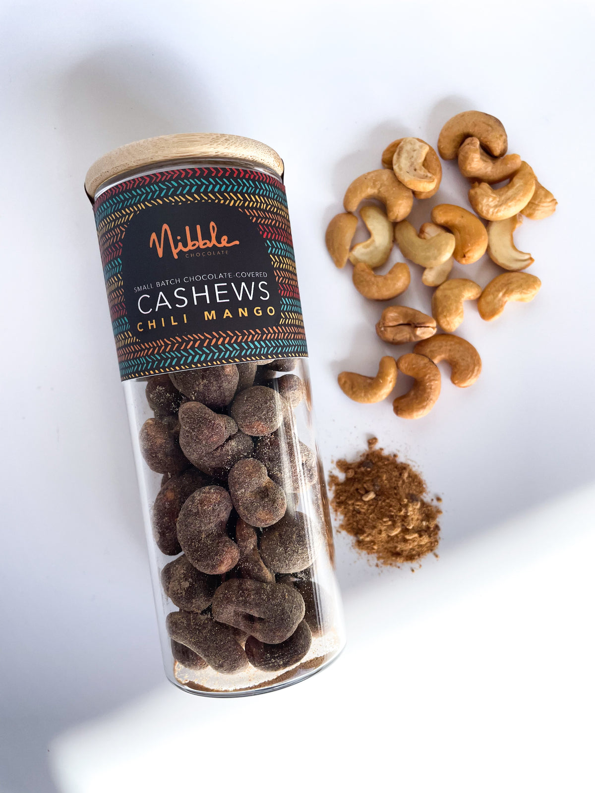 Chili mango chocolate-covered cashews