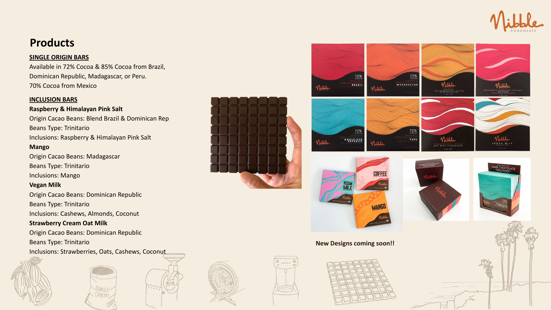 Nibble wholesale single-origin and inclusion chocolate bar varieties, cacao origins, percentages, and flavors