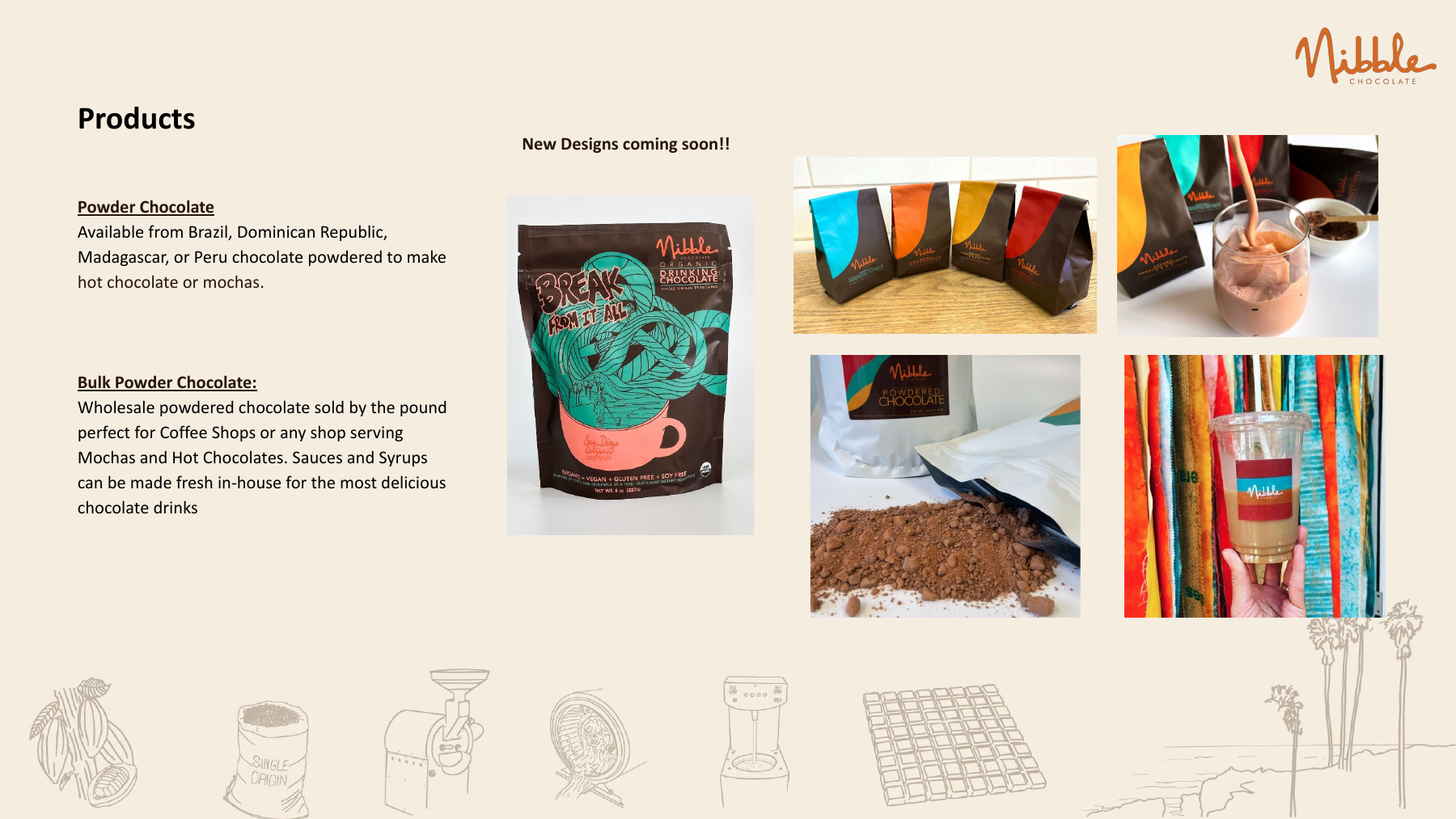 Nibble powdered chocolate and bulk powder formats for cafés, beverage programs, and food service