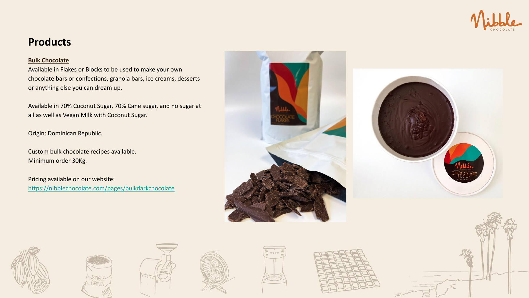 Nibble bulk chocolate formats, cacao origins, custom recipes, and minimum-order information