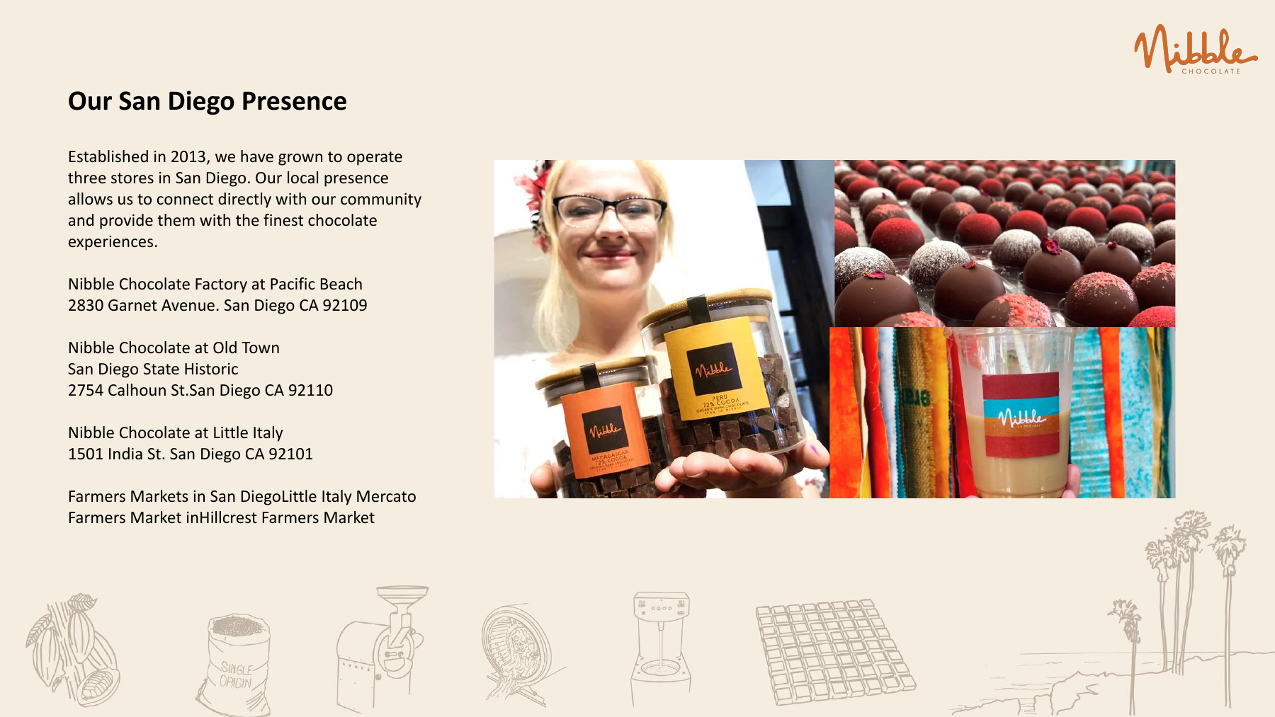Nibble Chocolate team member, handcrafted truffles, and retail packaging in San Diego